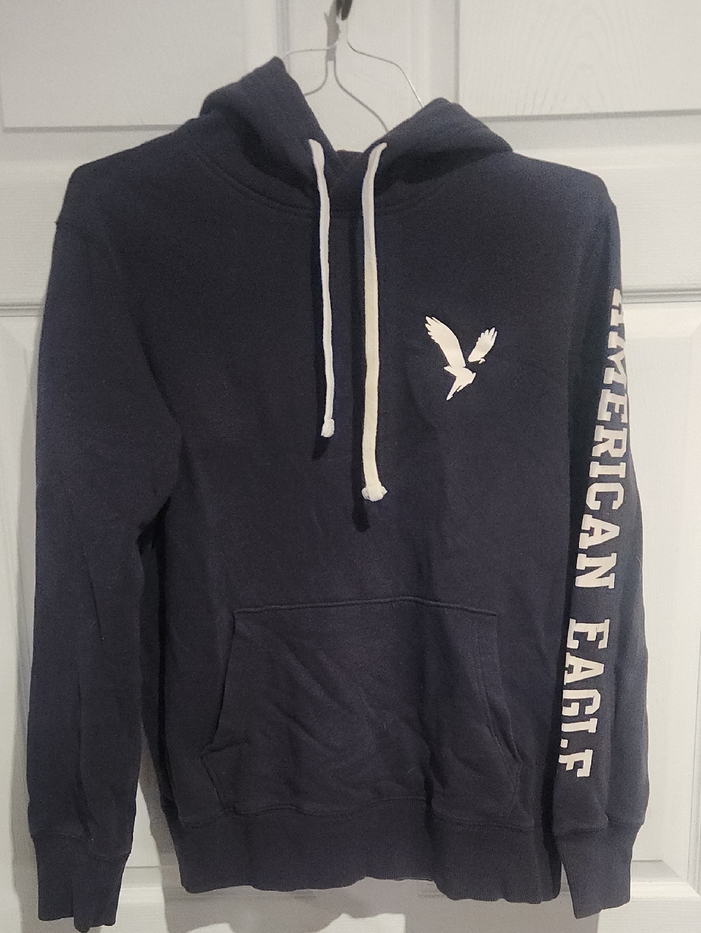 American Eagle Outfitters Navy Hoodie with White Logo and Sleeve Text